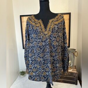 Pure Jill Women's Navy-Blue Multi Embroidered Twill Tunic Blouse
